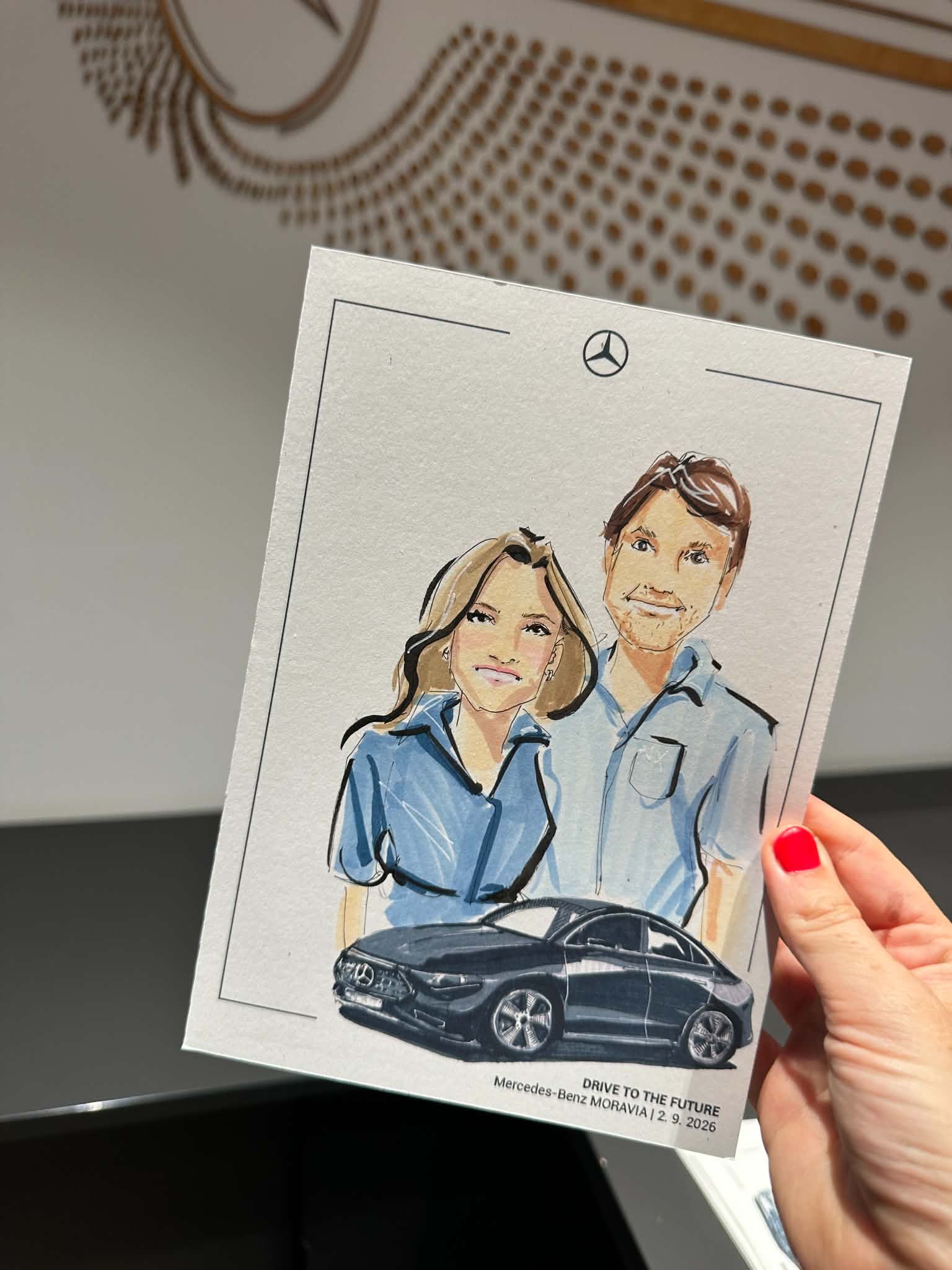 Personalized fashion illustration of a couple with a Mercedes-Benz vehicle, created during live sketching at an event in Olomouc.